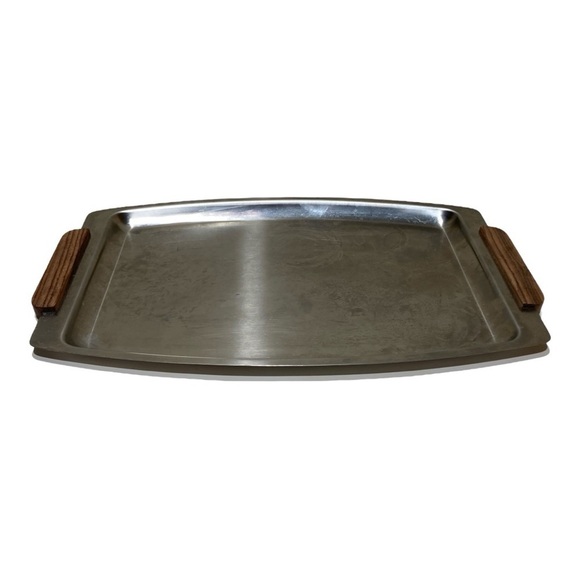 Vintage MCM Interpur Walnut Handled Stainless Bar Service Tray - Picture 3 of 5